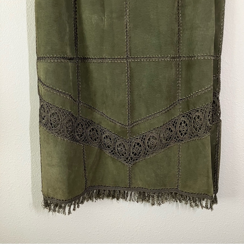 VINTAGE Suede Jacket & Skirt Set Crochet Western Cowgirl Boho Olive Green 2X - Picture 7 of 16